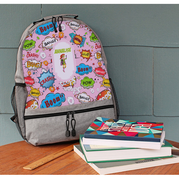 Woman Superhero Large Backpack - Gray - On Desk