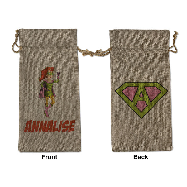 Custom Woman Superhero Large Burlap Gift Bag - Front & Back