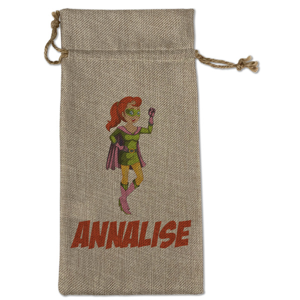 Custom Woman Superhero Large Burlap Gift Bag - Front