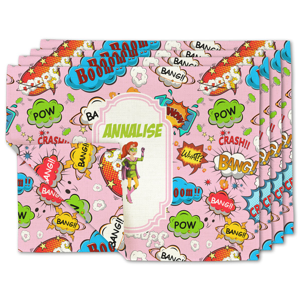 Custom Woman Superhero Double-Sided Linen Placemat - Set of 4 w/ Name or Text