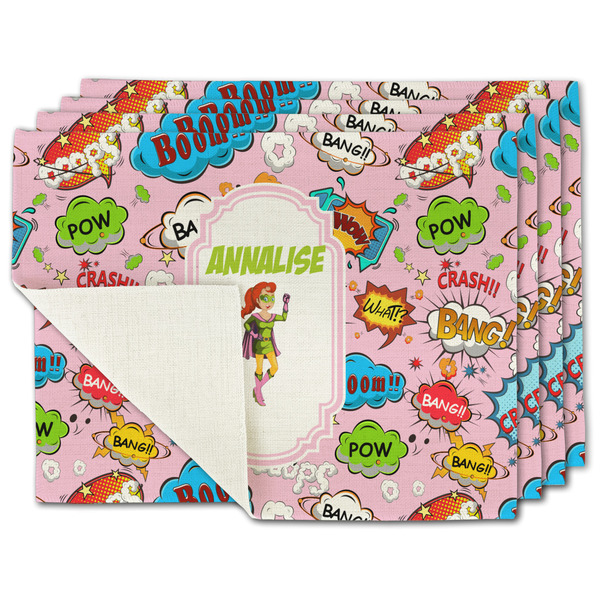 Custom Woman Superhero Single-Sided Linen Placemat - Set of 4 w/ Name or Text