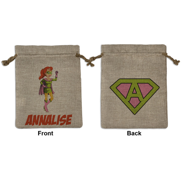 Custom Woman Superhero Medium Burlap Gift Bag - Front & Back