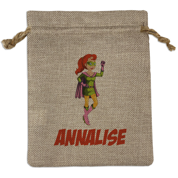Custom Woman Superhero Medium Burlap Gift Bag - Front