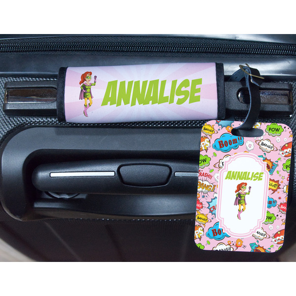 Woman Superhero Metal Luggage Tag & Handle Wrap - In Context