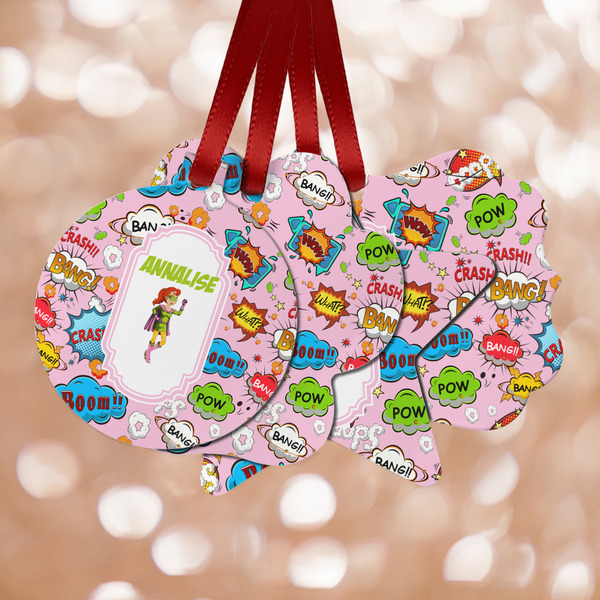 Custom Woman Superhero Metal Ornaments - Double Sided w/ Name or Text