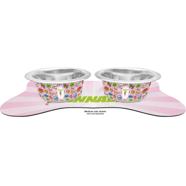 Woman Superhero Metal Pet Bowls - On Dog Bone Shaped Mat