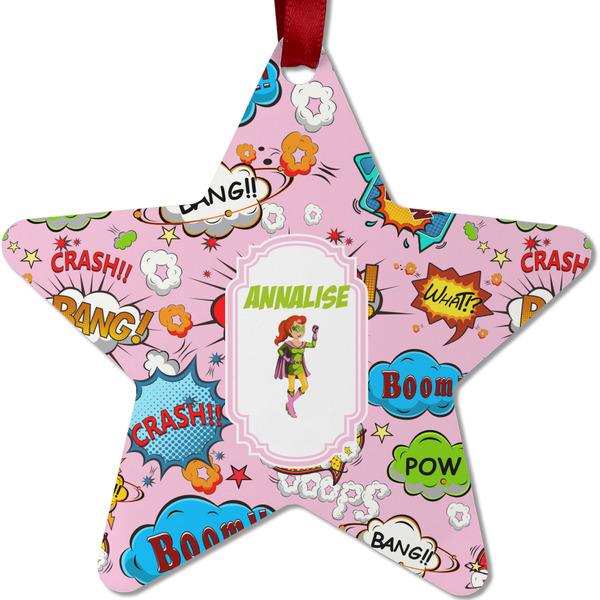 Custom Woman Superhero Metal Star Ornament - Double Sided w/ Name or Text