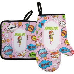 Woman Superhero Oven Mitt & Pot Holder Set w/ Name or Text