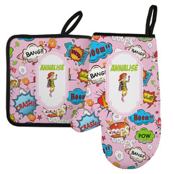 Woman Superhero Left Oven Mitt & Pot Holder Set w/ Name or Text