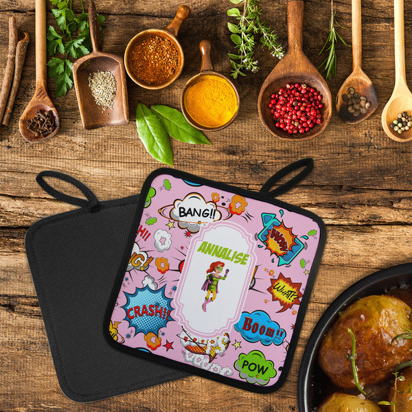 Woman Superhero Neoprene Pot Holder - Set of 2  LIFESTYLE (Flatlay)