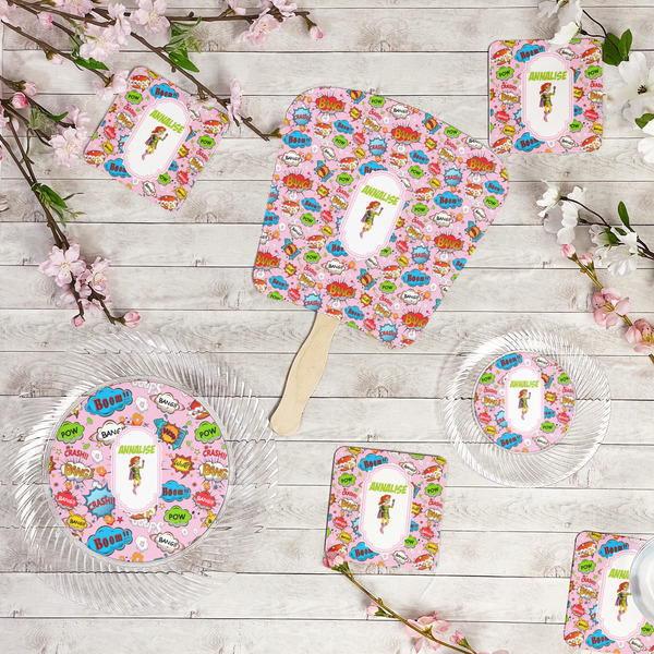 Woman Superhero Party Supplies Combination Image - All items - Plates, Coasters, Fans