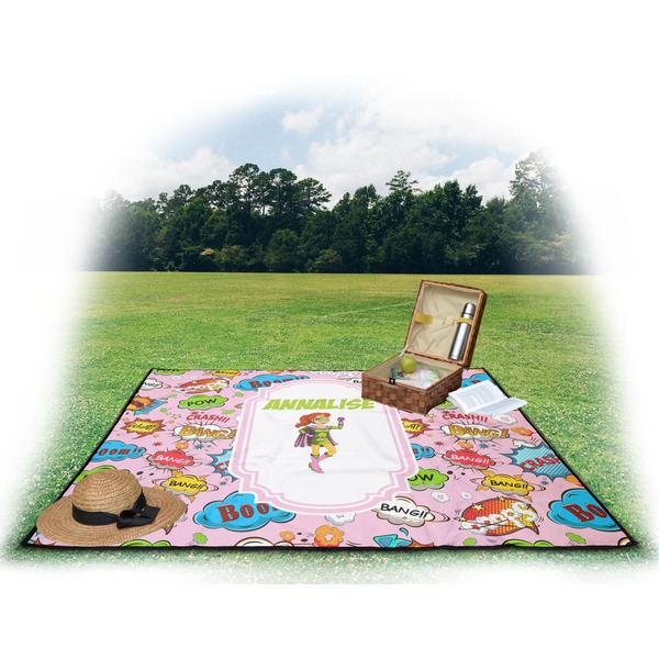 Woman Superhero Picnic Blanket - with Basket Hat and Book - in Use