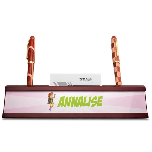 Woman Superhero Red Mahogany Nameplates with Business Card Holder - Straight