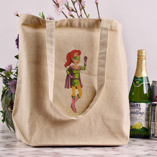 Woman Superhero Reusable Cotton Grocery Bag - In Context