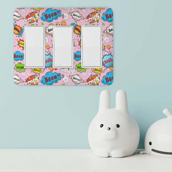 Woman Superhero Rocker Light Switch Covers - Triple - IN CONTEXT