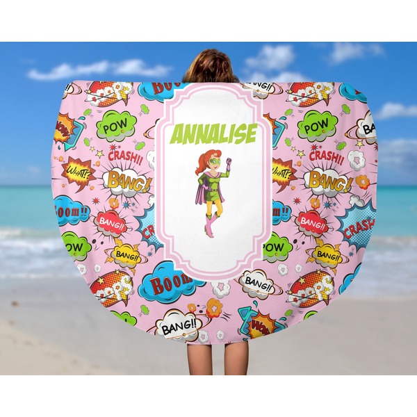 Woman Superhero Round Beach Towel - In Use