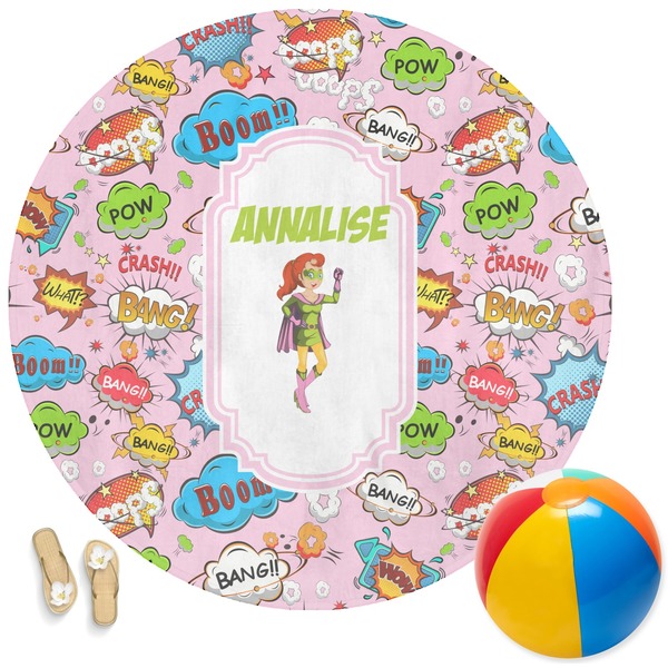 Custom Woman Superhero Round Beach Towel (Personalized)