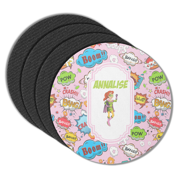 Custom Woman Superhero Round Rubber Backed Coasters - Set of 4 (Personalized)