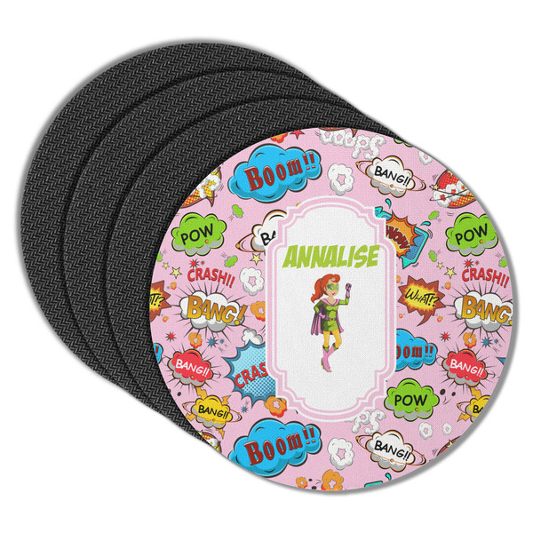 Custom Woman Superhero Round Rubber Backed Coasters - Set of 4 (Personalized)