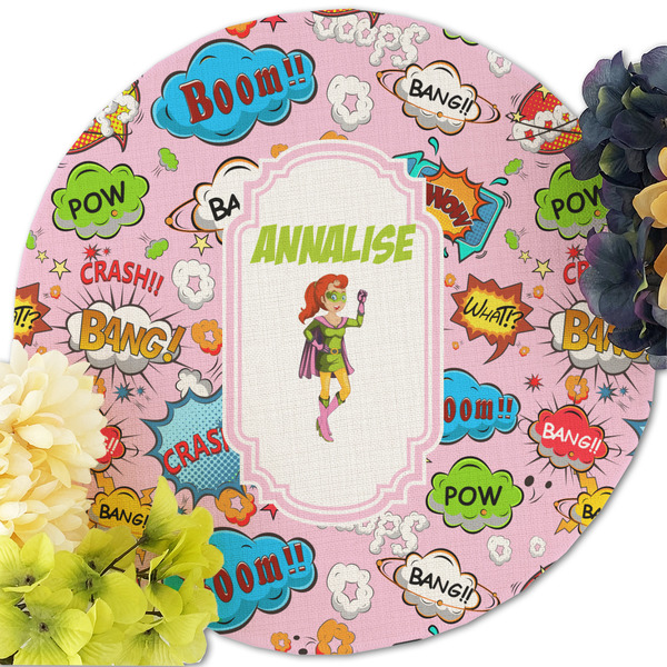 Woman Superhero Round Linen Placemats - Front (w flowers)
