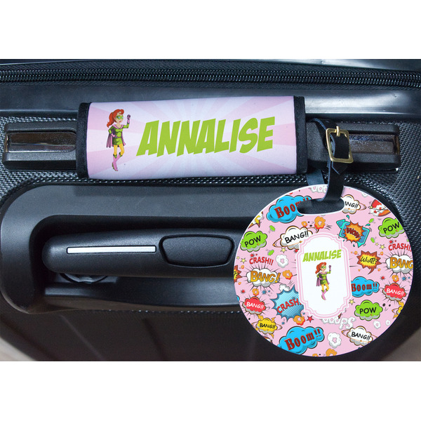 Woman Superhero Round Luggage Tag & Handle Wrap - In Context