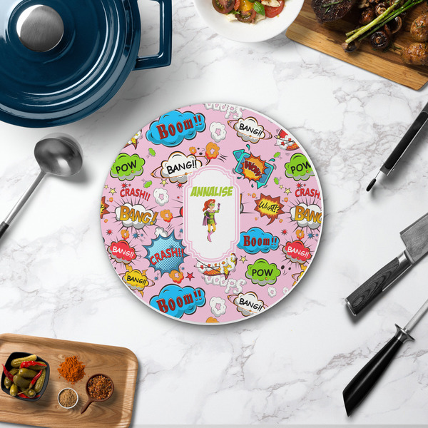 Woman Superhero Round Stone Trivet - In Context View