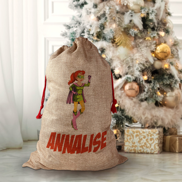 Woman Superhero Santa Bag - Front (stuffed)