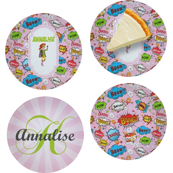 Custom Woman Superhero Set of 4 Glass Appetizer / Dessert Plate 8" (Personalized)