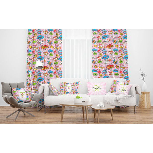 Woman Superhero Sheer and Custom Curtains in Room with Matching Pillows