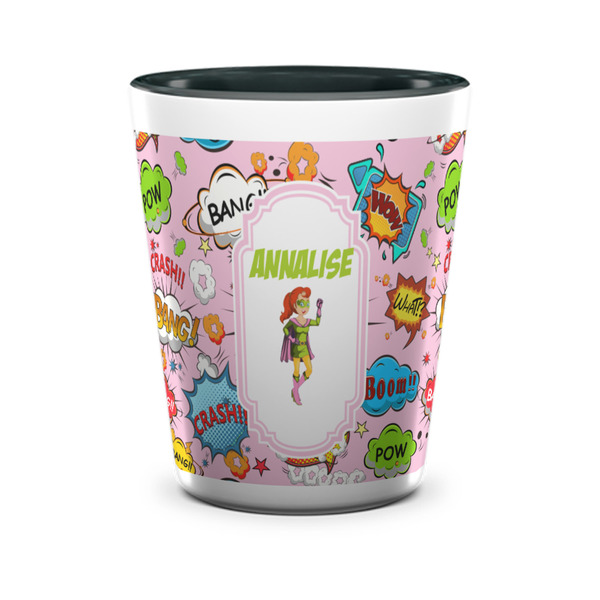 Custom Woman Superhero Ceramic Shot Glass - 1.5 oz - Two Tone - Set of 4 (Personalized)