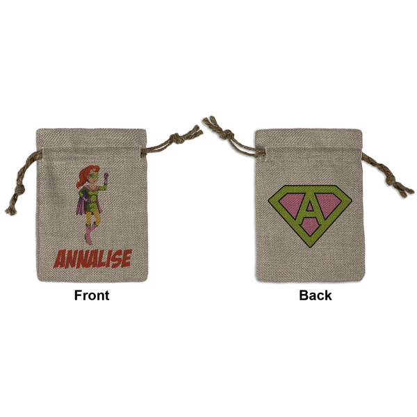 Custom Woman Superhero Small Burlap Gift Bag - Front & Back