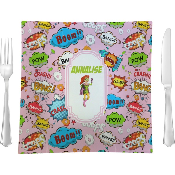 Custom Woman Superhero 9.5" Glass Square Lunch / Dinner Plate- Single or Set of 4 (Personalized)