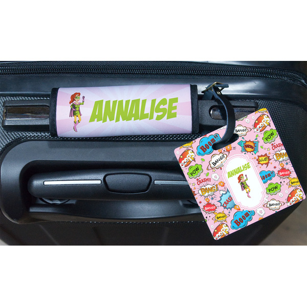 Woman Superhero Square Luggage Tag & Handle Wrap - In Context