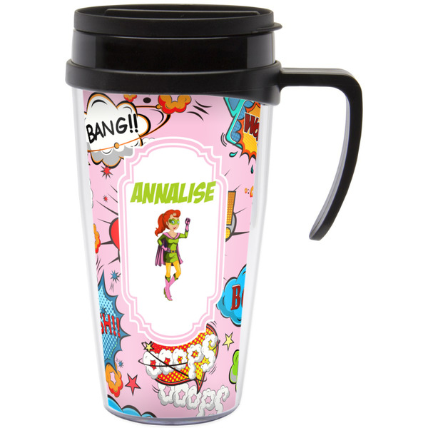 Custom Woman Superhero Acrylic Travel Mug with Handle (Personalized)