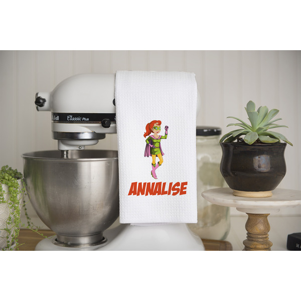 Woman Superhero Waffle Weave Towel - Lifestyle - Partial Print