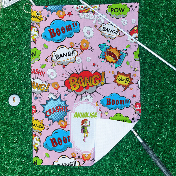 Woman Superhero Waffle Weave Golf Towel - In Context