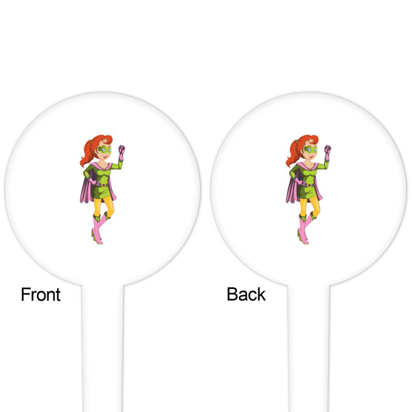 Woman Superhero White Plastic 4" Food Pick - Round - Double Sided - Front & Back