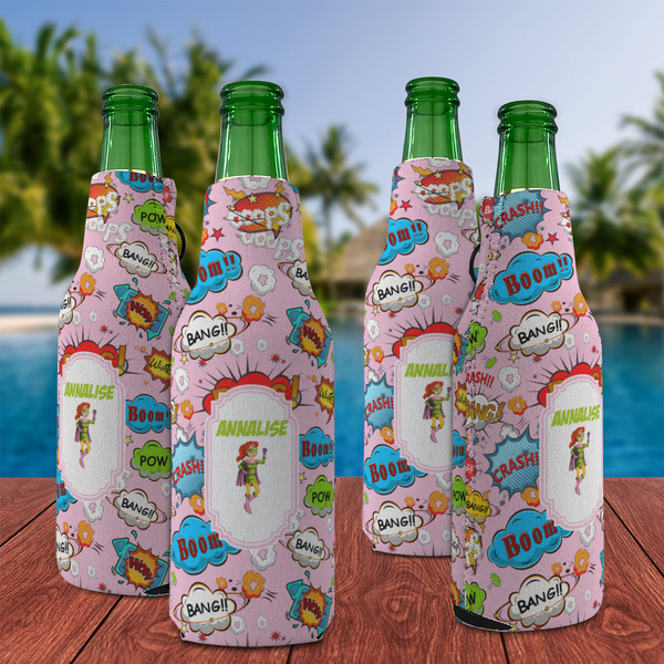 Woman Superhero Zipper Bottle Cooler - Set of 4 - LIFESTYLE