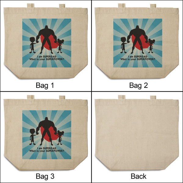 Super Dad 3 Reusable Cotton Grocery Bags - Front & Back View