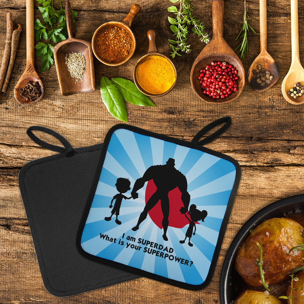 Super Dad Neoprene Pot Holder - Set of 2  LIFESTYLE (Flatlay)