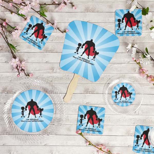 Super Dad Party Supplies Combination Image - All items - Plates, Coasters, Fans