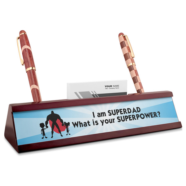 Custom Super Dad Red Mahogany Nameplate with Business Card Holder