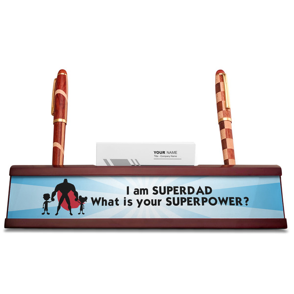 Super Dad Red Mahogany Nameplates with Business Card Holder - Straight