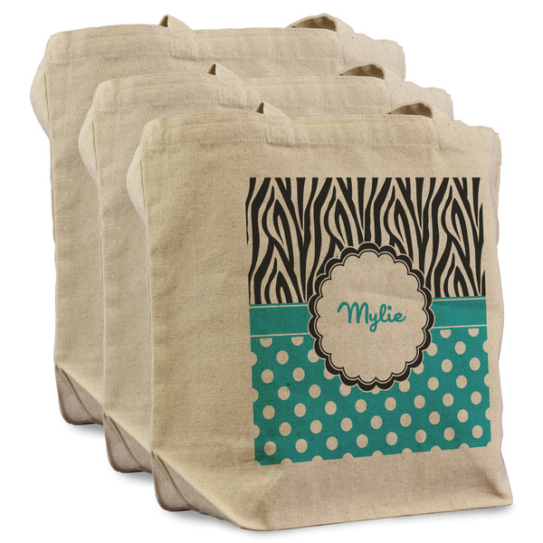 Dots & Zebra 3 Reusable Cotton Grocery Bags - Front View