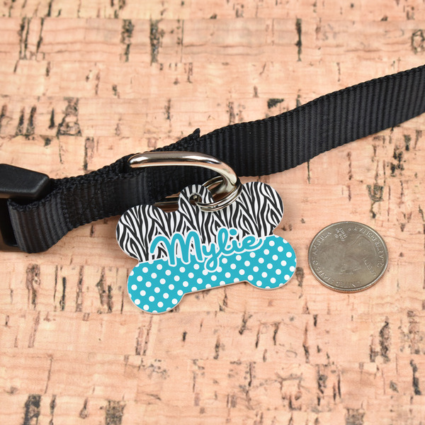 Dots & Zebra Bone Shaped Dog ID Tag - Large - In Context