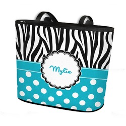 Dots & Zebra Bucket Tote w/ Genuine Leather Trim - Large w/ Front & Back Design (Personalized)