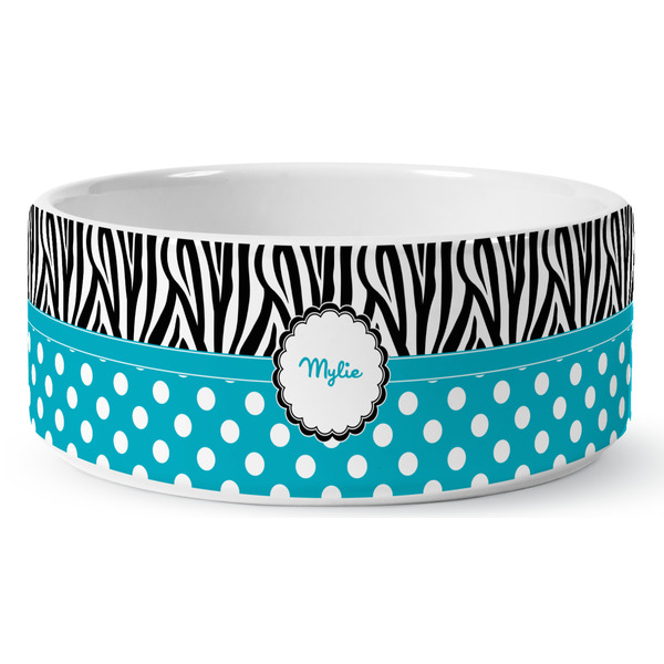 Dots & Zebra Ceramic Dog Bowl - Medium - Front