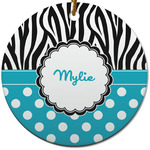 Dots & Zebra Round Ceramic Ornament w/ Name or Text