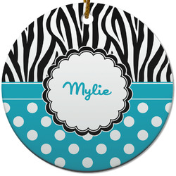 Dots & Zebra Round Ceramic Ornament w/ Name or Text