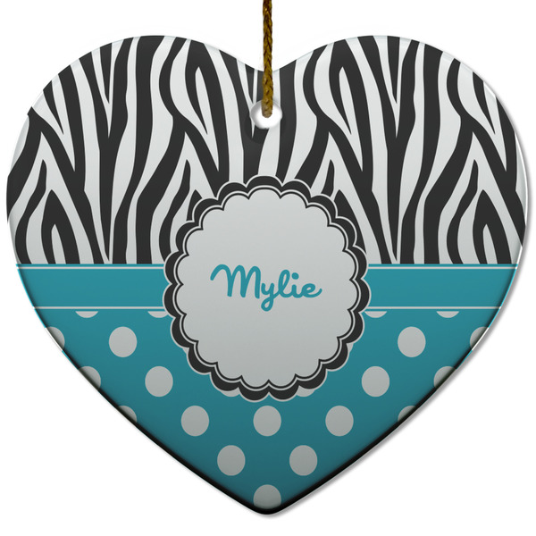 Custom Dots & Zebra Heart Ceramic Ornament w/ Name or Text